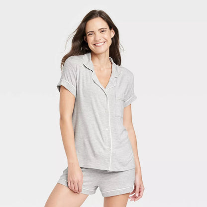 Short Sleeve Notch Collar Pajama Top & Shorts Set