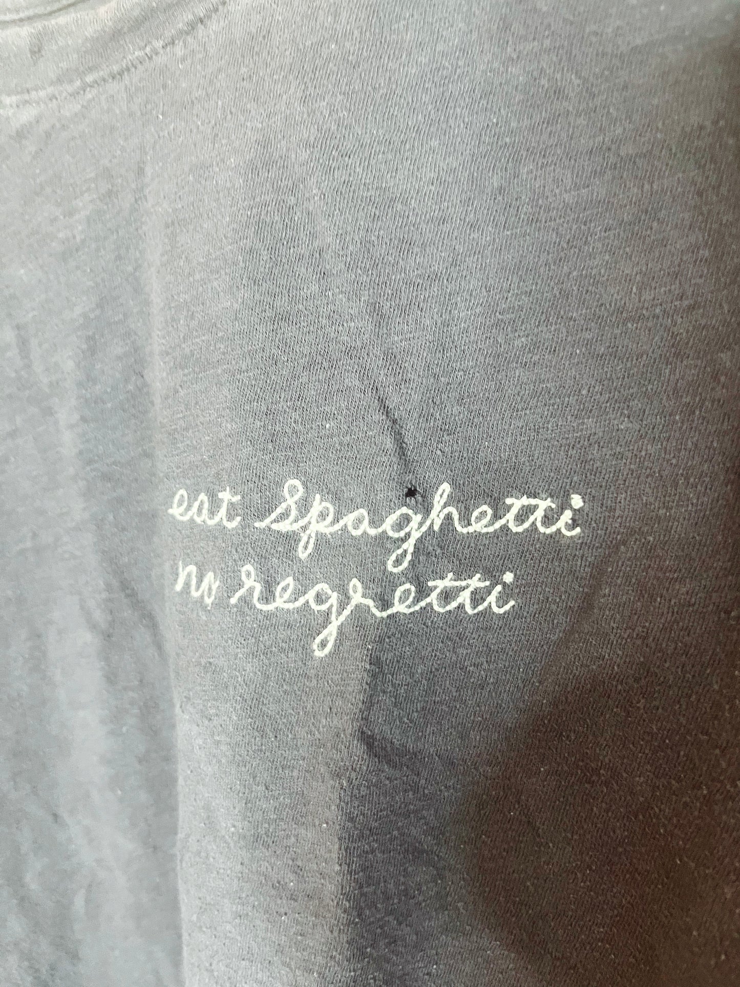 "Eat Spaghetti, No Regretti" Embroidered T-Shirt