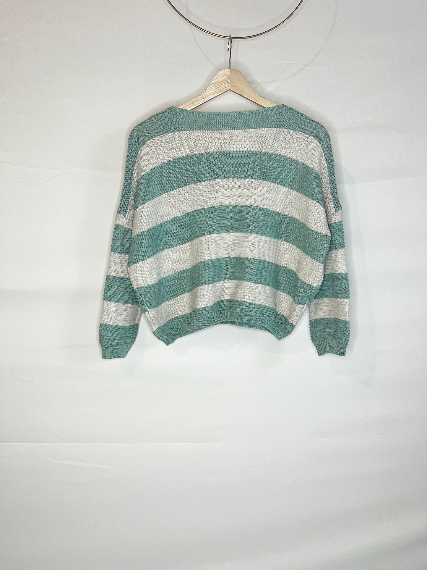 Mint & White Striped Pocket Crop Drop-Shoulder Sweater