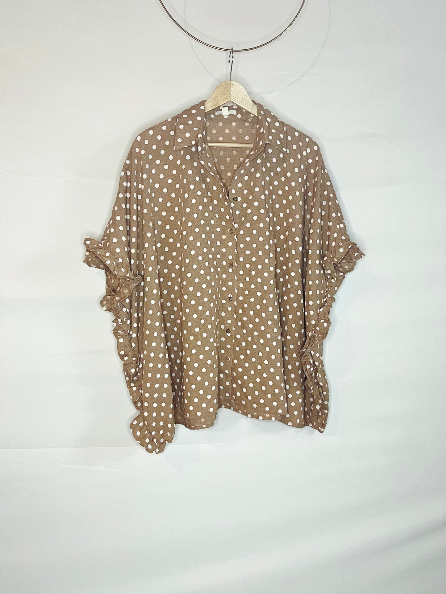 Oversized Brown Polka Dot Ruffle Side Button-Down Top