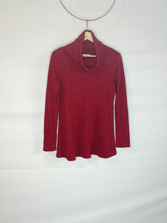 Red Rib Knit Flare Turtleneck Sweater