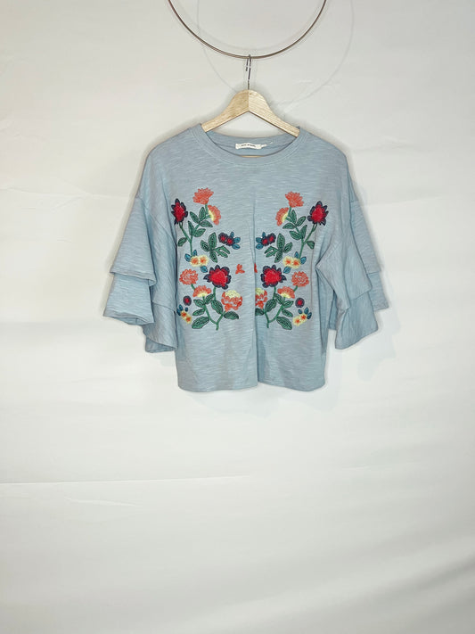 Light Blue Floral Embroidered Tulip Sleeve Crop Top