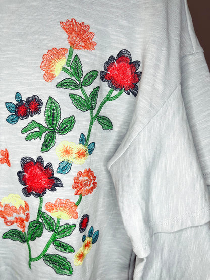 Light Blue Floral Embroidered Tulip Sleeve Crop Top