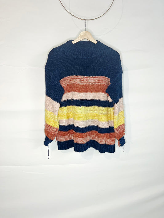 Blue and Orange Striped Worn Sweater