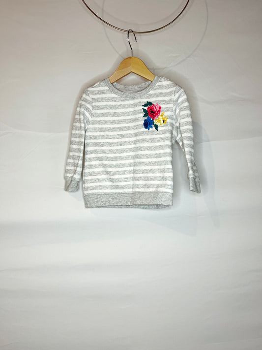 Gray & White Striped Sweatshirt with Floral Embroidery