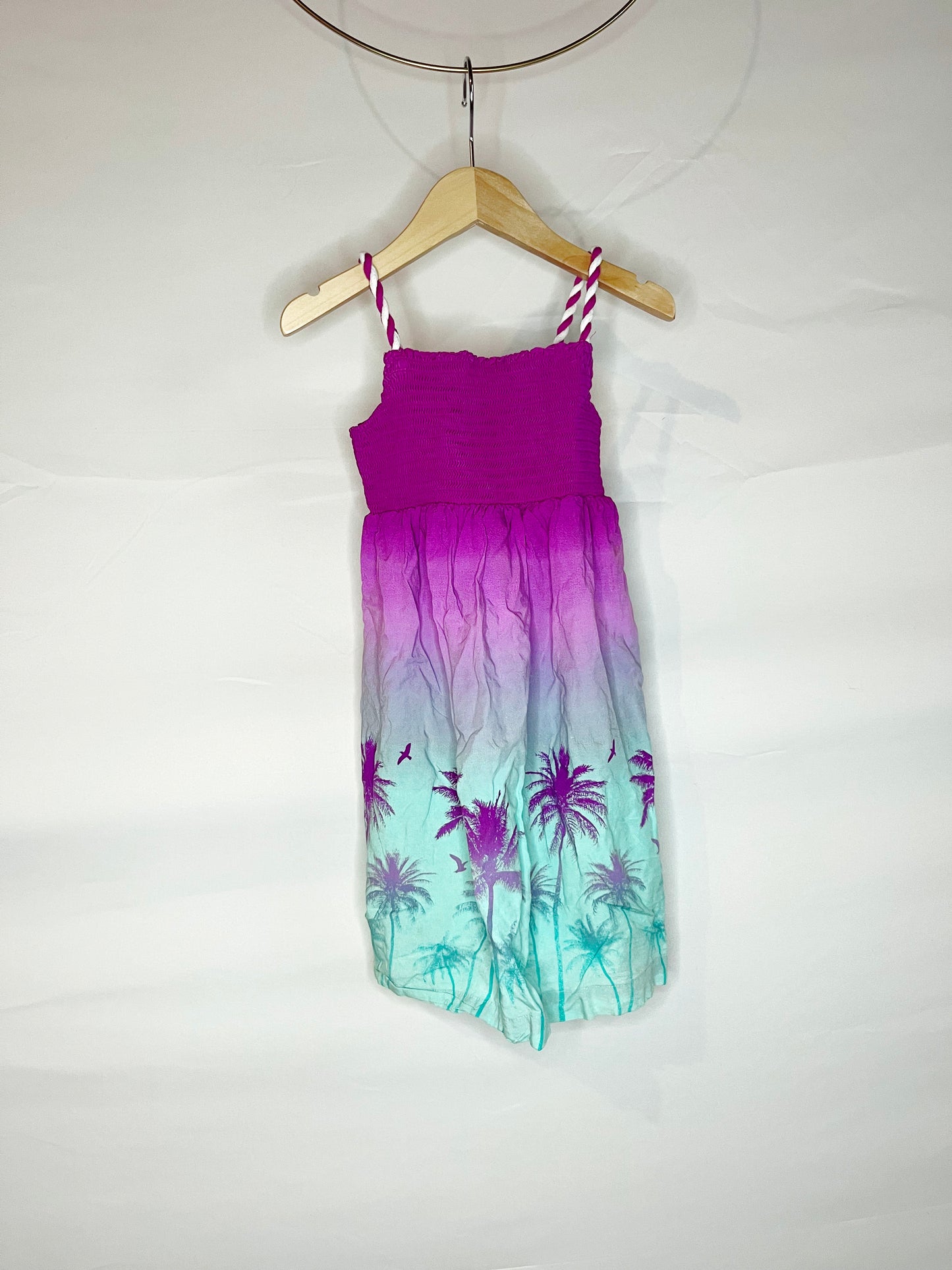 Purple & Green Palm Tree Braided Strap Dress