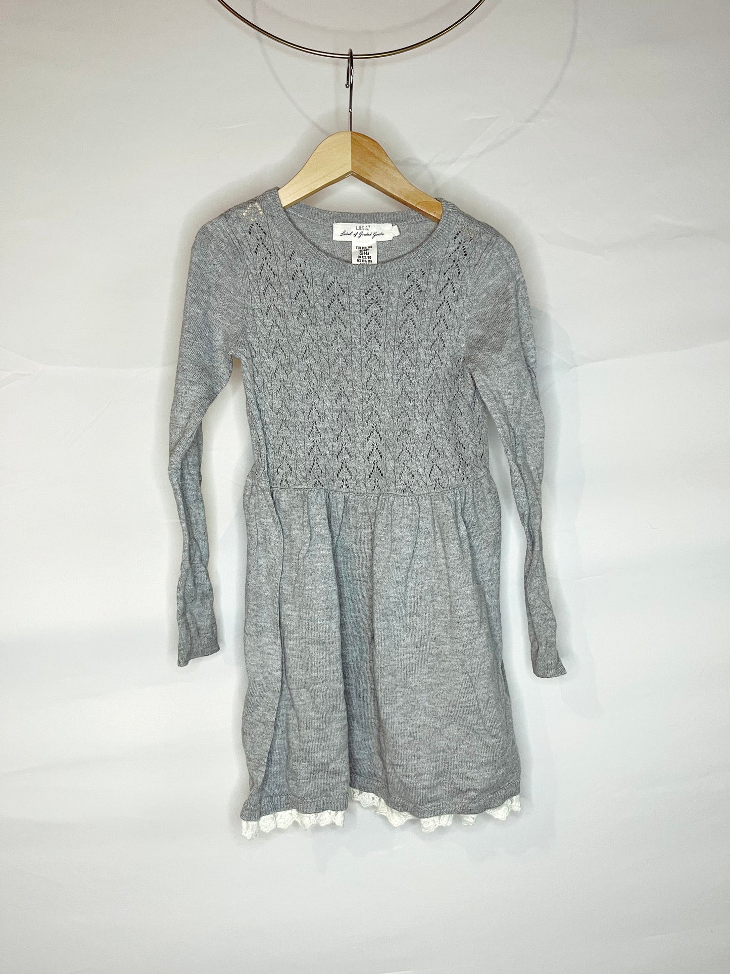 Gray Knit Sweater Dress with Lace Hem