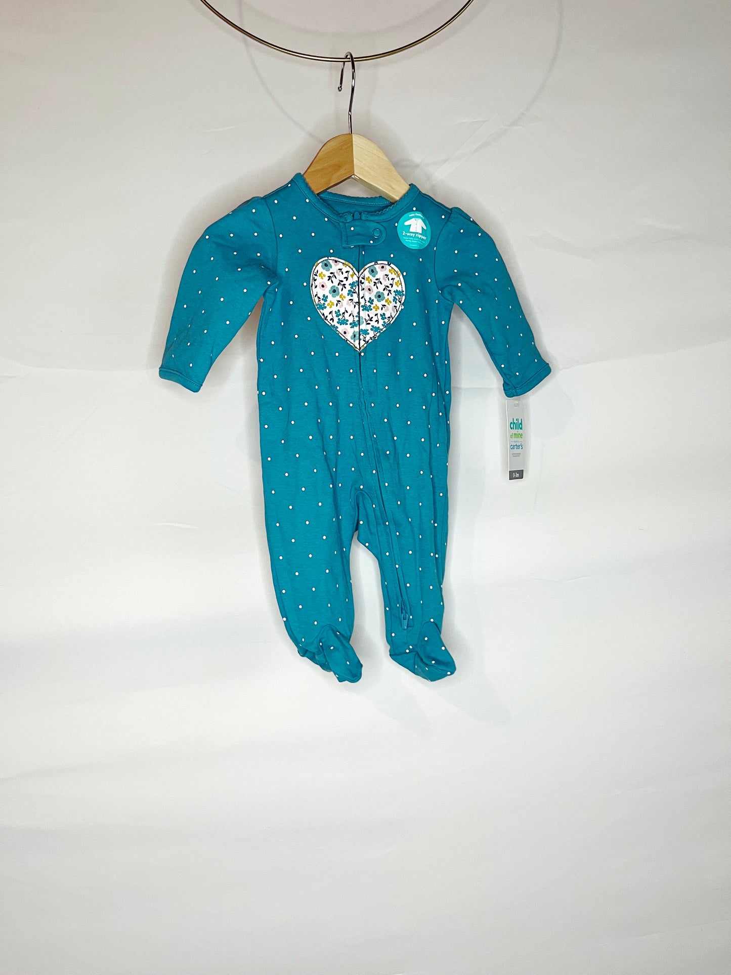 Blue Polka Dot Heart 2-Way Zip Footed Pajamas