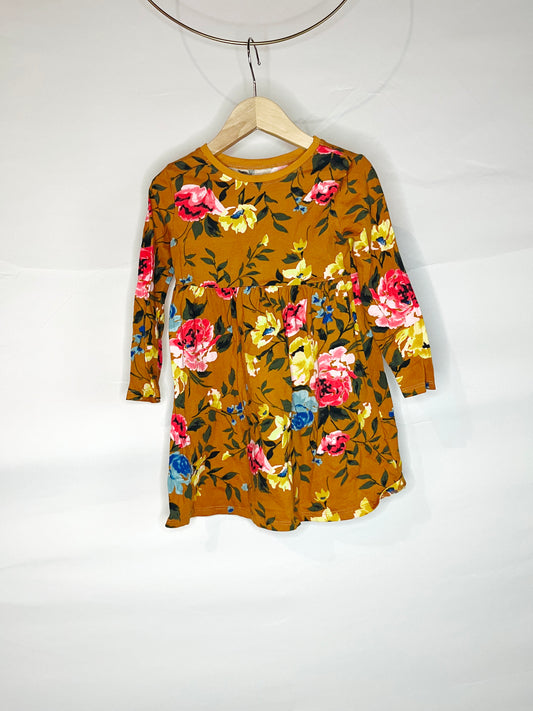 Mustard Ruched Floral Dress