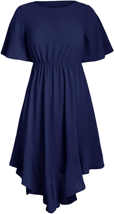 Navy Blue Chiffon Asymmetrical Hem Dress